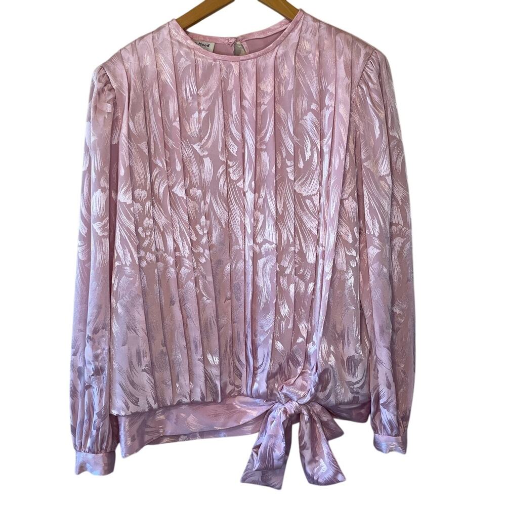 VTG In The Mood Pleated Long Sleeve Brocade Silky Pink Grandma Core Blouse 10
